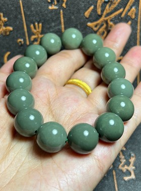 62g新疆和田玉手串 青玉沙枣青籽料手串14mm圆珠稀有色手串