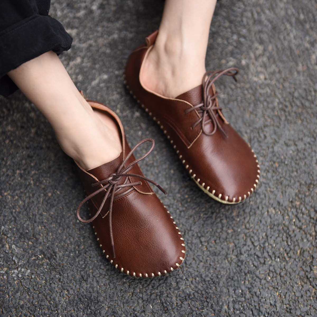 Artmu阿木原创复古手工缝线女鞋平底鞋深口系带单鞋女休闲鞋真皮,淘宝优惠券,粉丝福利购,淘宝优惠卷