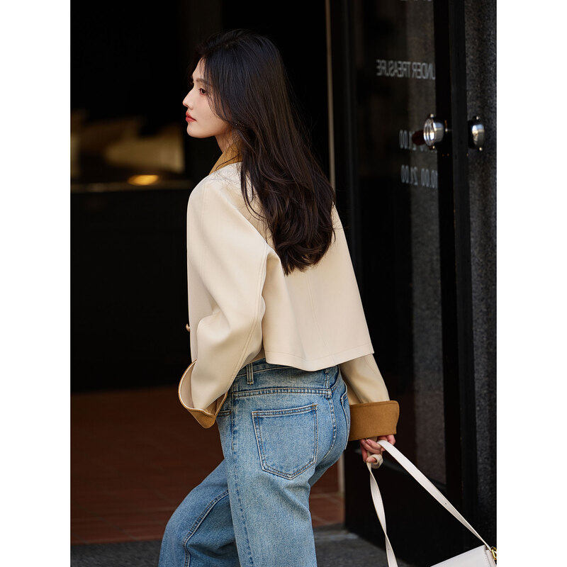 时尚气质风衣2025年春季新款女撞色温柔百搭韩版短款休闲翻领上衣