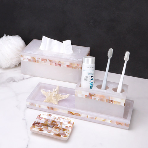 轻奢贝壳卫浴五件套 卫生间洗手台洗漱套件电动牙刷架漱口杯套装 - 图3