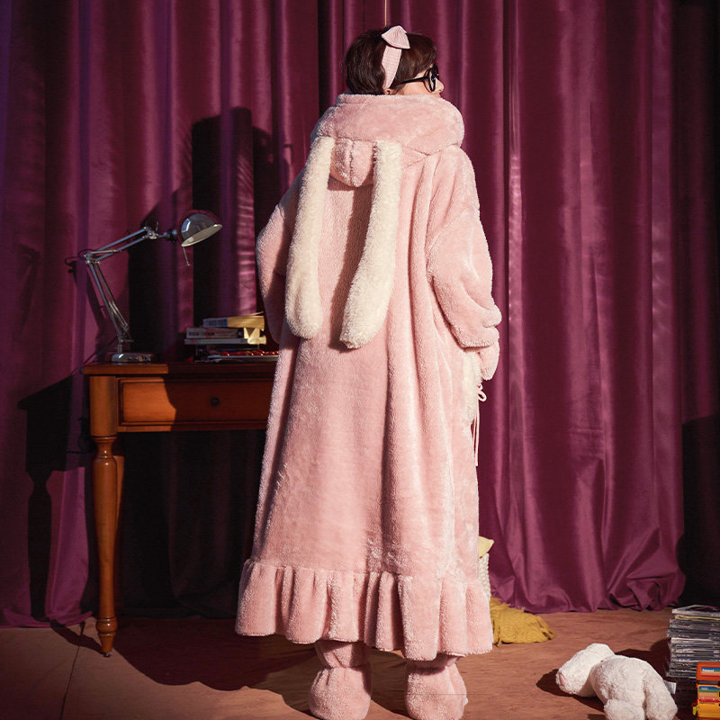 秋冬款珊瑚绒可爱兔子耳朵长款睡裙 皖峰服饰睡裙