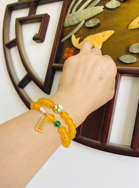 天然橘子石手链女款黄玉髓算盘珠子多圈手串送女友闺蜜生日礼物