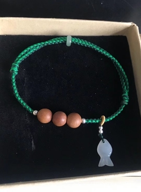 老山檀8MM加翡翠小鱼 木珠五行补木可调节手链