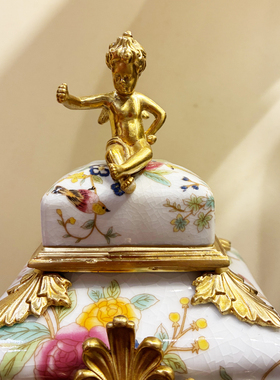 手绘高温陶瓷黄铜花鸟摆件