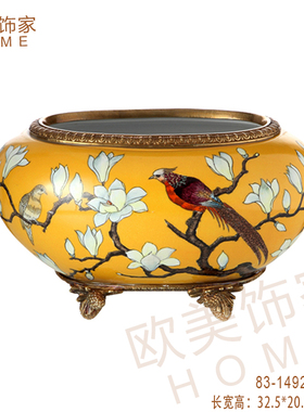 新中式风花鸟手绘陶瓷摆件纸巾盒