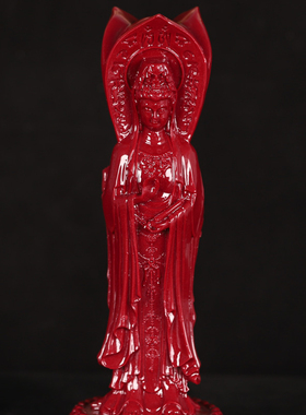 朱砂南海观音像三面观音菩萨观世音摆件供奉佛客厅玄关摆件装饰品