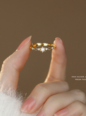 法式轻奢s925纯银圆珠戒指女镂空