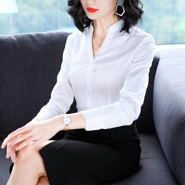 Professional white shirt women's long-sleeved V-neck stand-up collar business formal work clothes shirt suit 4S shop work clothes top