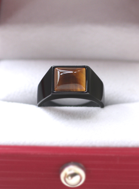 黑色韩版男士戒指虎眼石食指戒子