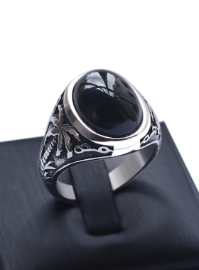 绿松石男士钛钢戒指蛋面雕花