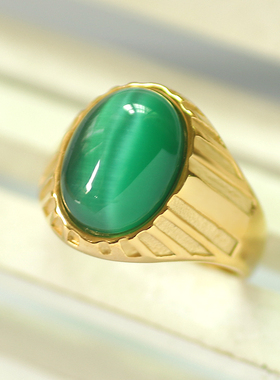 碧绿猫眼石戒指男士钛钢韩版指环