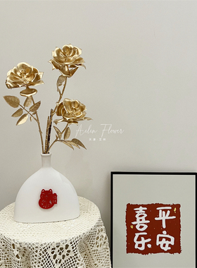 3头金色玫瑰花仿真花塑料年宵花