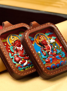 手绘唐卡朱砂吊坠五爷黄财扎基拉姆手工皮壳大黑天普贤擦擦唐卡