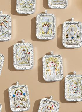 藏式手绘香灰擦擦描金唐卡五爷扎基拉姆绿度母黄财神白铜吊坠项链