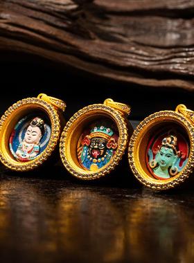 纯手绘擦擦唐卡吊坠镶钻项链黄铜五爷大黑天扎基拉姆绿度母黄财神