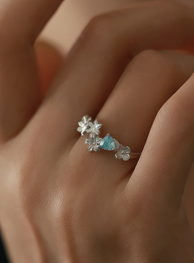 DifferentYoung蓝色锆石繁花开口新中式戒指女s925纯银可调节礼物