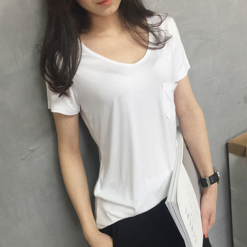 2017夏季女装莫代尔白色t恤女短袖宽松纯色v领不规则上衣打底衫潮