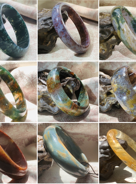 =棕盒=纯天然A货印度七彩水草玛瑙手镯环俏色意境意境手环镯女款