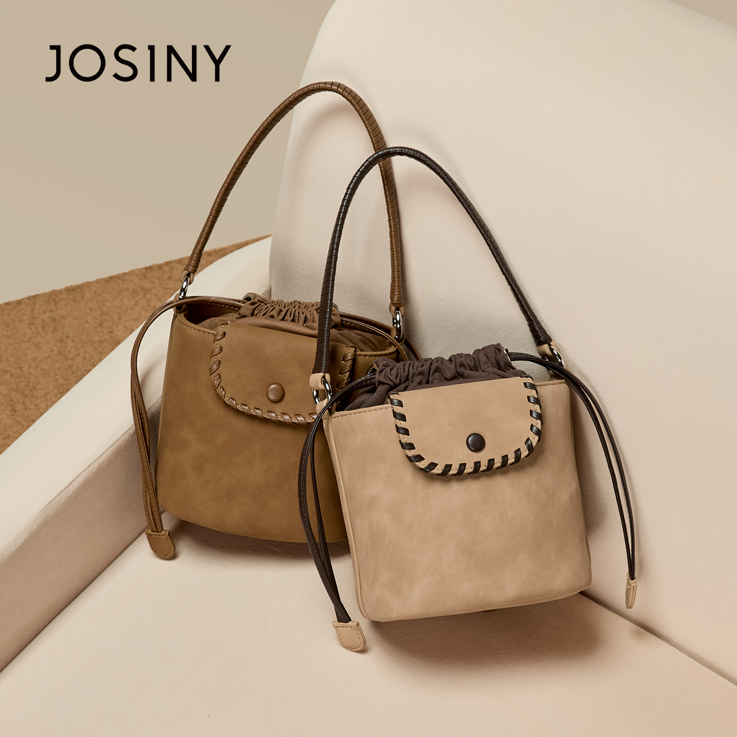 卓诗尼抽绳水桶包女2025新款百搭时尚高级感单肩斜挎包手提小包包 - 图3