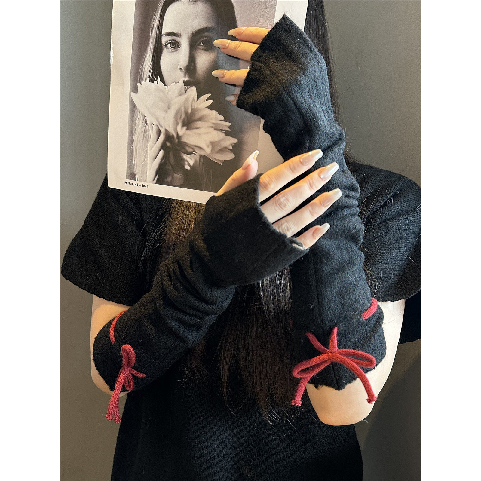 2025秋冬季系带蝴蝶结针织毛线袖套半指手套防寒保暖骑车护手臂潮,淘宝优惠券,粉丝福利购,淘宝优惠卷