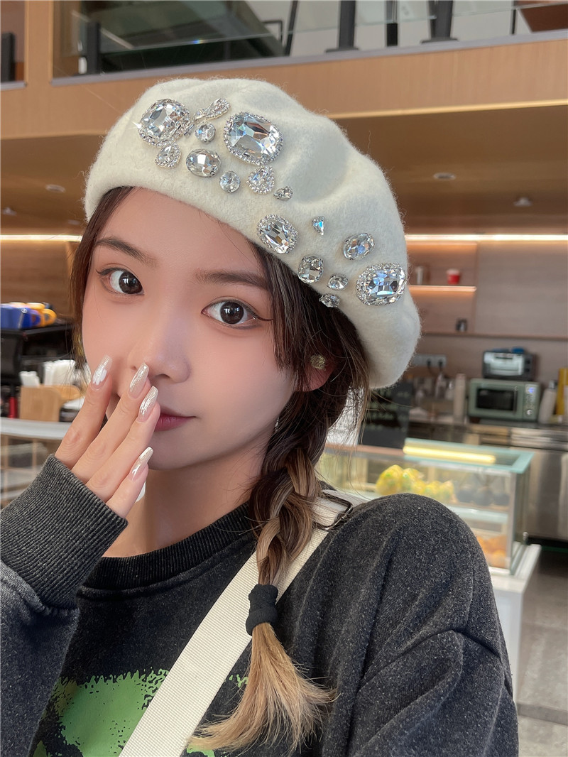 2025秋冬新款羊毛呢画家帽韩版张元英同款水钻贝雷帽女蓓蕾帽子 - 图1