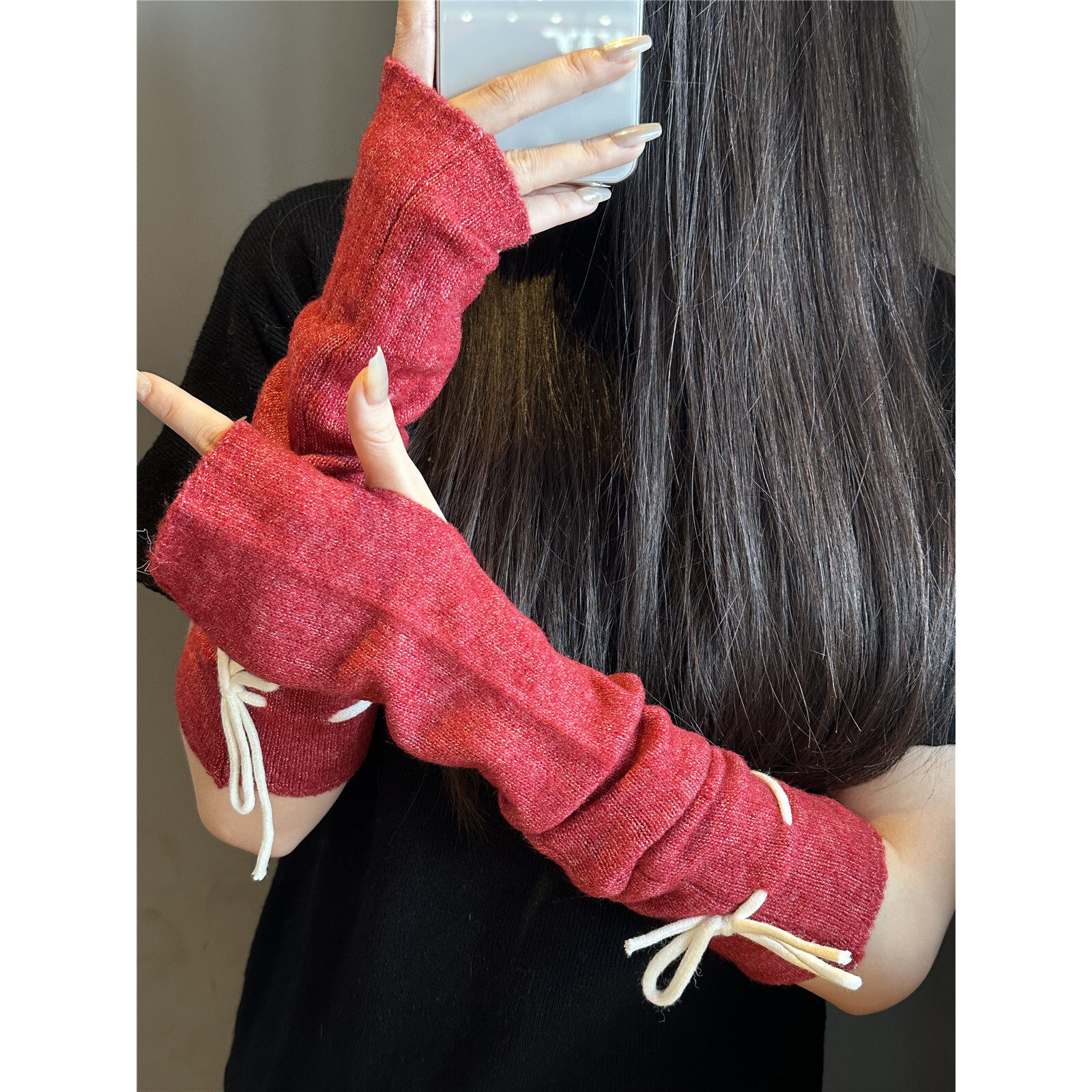 2025秋冬季系带蝴蝶结针织毛线袖套半指手套防寒保暖骑车护手臂潮,淘宝优惠券,粉丝福利购,淘宝优惠卷