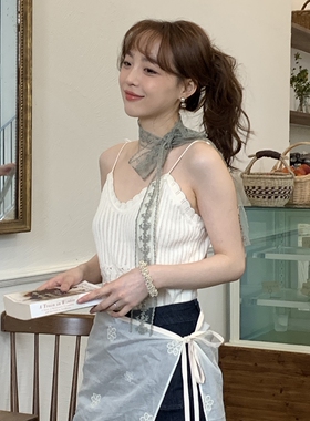 ins风法式绿色花朵蕾丝飘带领巾