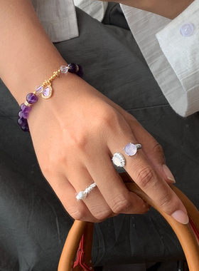 天然熏衣紫白玉髓开口戒指女