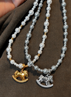 碎冰冰木马吊坠珍珠项链女