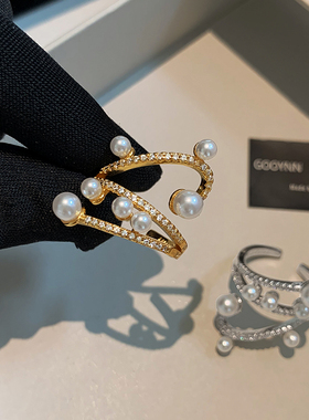 独特满钻珍珠开口戒指女