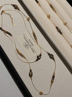 复古虎眼石巴洛克珍珠长款项链女