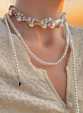 马卡龙彩色爱心法式复古珍珠项链