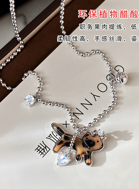 复古豹纹钻石小猫项链女