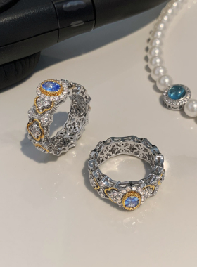 蓝色宝石复古戒指女金银色