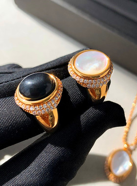 中古白贝母黑色玛瑙戒指女