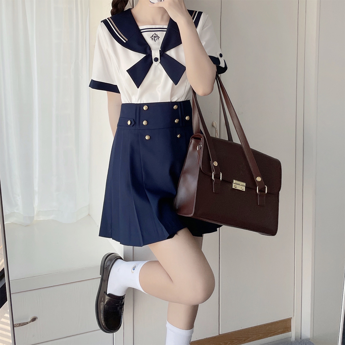 放学后的制服馆/辰帆女高/jk水手中间服绀色长短袖半身短裙套装女 - 图1