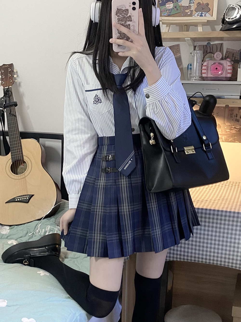 放学后的制服馆/梧叶中/jk长袖条纹衬衫皮扣格裙短裙女学院风套装