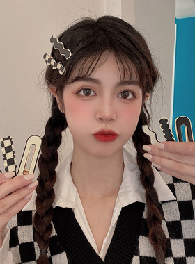棋盘格发夹侧边新款夹子头饰