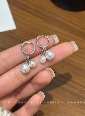白色双珠耳钉耳饰高级感耳坠