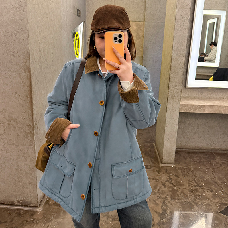 胖mm冬季复古工装棉服木子理想大码女装中长款水洗做旧口袋棉外套,淘宝优惠券,粉丝福利购,淘宝优惠卷