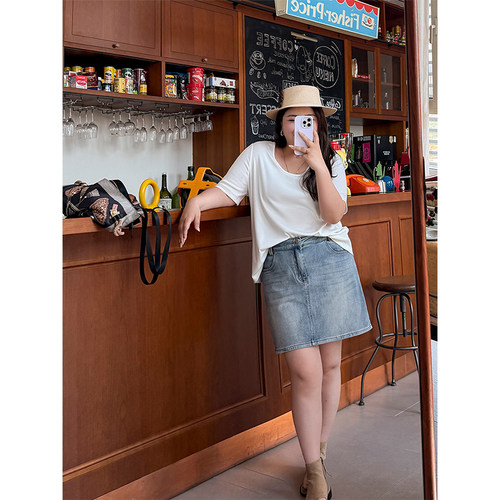 胖mm夏季青春百搭牛仔短裙木子理想大码女装薄软舒适半身裙200斤 - 图2