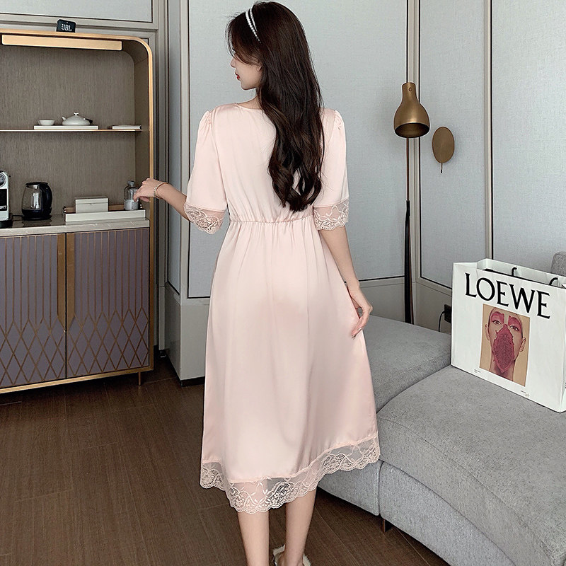 蕾丝春秋季冰丝长款连体带胸垫睡裙 沃莱卡睡裙