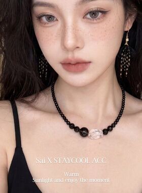 黑玛瑙白晶石串珠项链女士锁骨链复古时髦欧美高级感