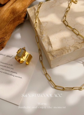 复古开口钛钢金色亮面中古女士戒指高级感指环宫廷风星芒老钱风