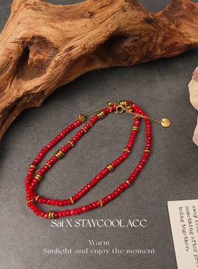 红色天然石串珠女士项链度假风锁骨链波西米亚风叠戴时髦