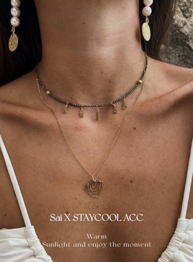 切面小米珠串珠中古复古女士流苏锁骨链项链暗黑色毛衣链短链