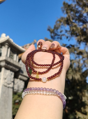 南岳衡山景区天然石榴石手串女款三圈石榴石水晶手链女款