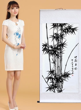 纯手绘新中式装饰画国画竹子正方形玄关走廊壁画竹报平安水墨挂画