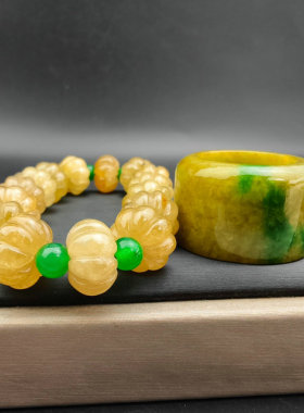 精品缅甸高冰翡翠珠串老坑冰种黄翠玉手链扳指男女款佛珠饰品