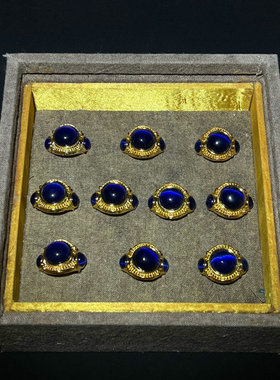 古玩收藏蓝宝石戒指套装礼盒装精工鎏金蓝猫眼戒指开口款文玩首饰